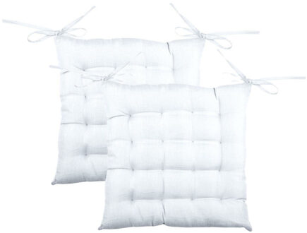 Textile stoelkussen BEA - 2x - wit - 40 x 40 x 4 cm - touwtjes sluiting - binnen/buiten