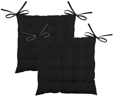 Textile stoelkussen BEA - 2x - zwart - 40 x 40 x 4 cm - touwtjes sluiting - binnen/buiten