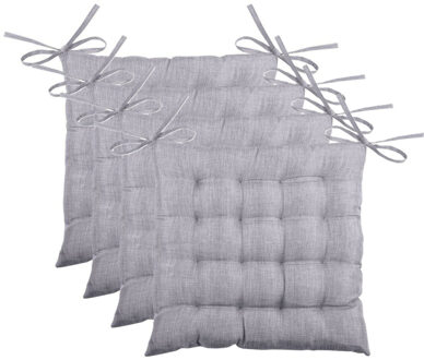 Textile stoelkussen BEA - 4x - grijs - 40 x 40 x 4 cm - touwtjes sluiting - binnen/buiten