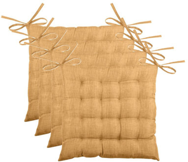 Textile stoelkussen BEA - 4x - okergeel - 40 x 40 x 4 cm - touwtjes sluiting - binnen/buiten