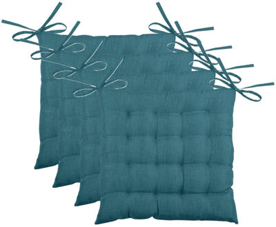 Textile stoelkussen BEA - 4x - petrol blauw - 40 x 40 x 4 cm - touwtjes sluiting - binnen/buite