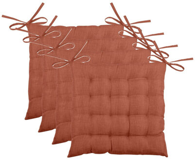 Textile stoelkussen BEA - 4x - terracotta - 40 x 40 x 4 cm - touwtjes sluiting - binnen/buiten
