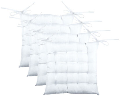 Textile stoelkussen BEA - 4x - wit - 40 x 40 x 4 cm - touwtjes sluiting - binnen/buiten
