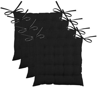 Textile stoelkussen BEA - 4x - zwart - 40 x 40 x 4 cm - touwtjes sluiting - binnen/buiten