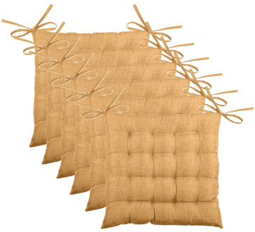 Textile stoelkussen BEA - 6x - okergeel - 40 x 40 x 4 cm - touwtjes sluiting - binnen/buiten