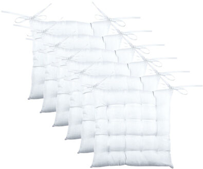 Textile stoelkussen BEA - 6x - wit - 40 x 40 x 4 cm - touwtjes sluiting - binnen/buiten