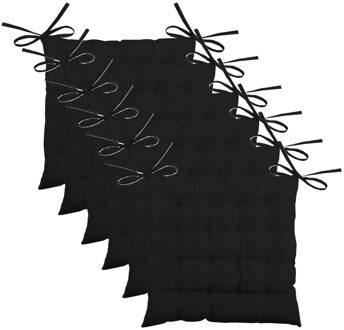 Textile stoelkussen BEA - 6x - zwart - 40 x 40 x 4 cm - touwtjes sluiting - binnen/buiten