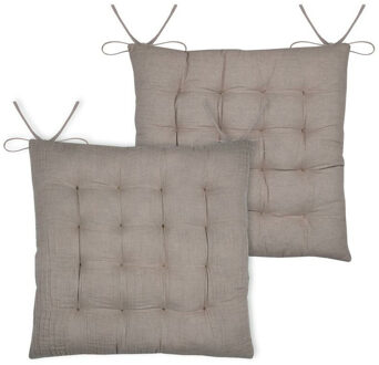 Textile stoelkussen Coline - 2x - beige - 38 x 38 x 4 cm - touwtjes sluiting