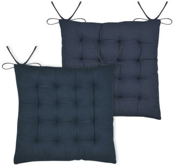 Textile stoelkussen Coline - 2x - donkerblauw - 38 x 38 x 4 cm - touwtjes sluiting
