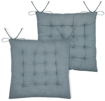 Textile stoelkussen Coline - 2x - ijsblauw - 38 x 38 x 4 cm - touwtjes sluiting