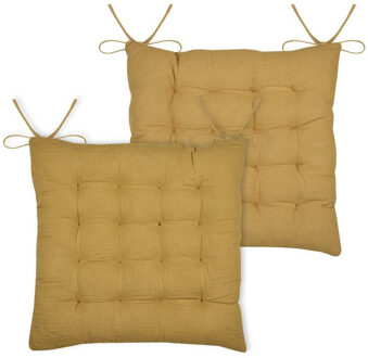 Textile stoelkussen Coline - 2x - okergeel - 38 x 38 x 4 cm - touwtjes sluiting