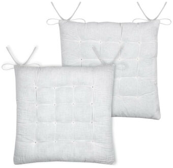 Textile stoelkussen Coline - 2x - wit - 38 x 38 x 4 cm - touwtjes sluiting