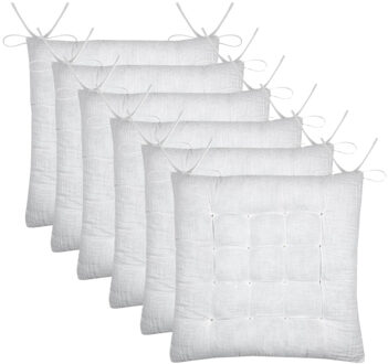Textile stoelkussen Coline - 6x - wit - 38 x 38 x 4 cm - touwtjes sluiting