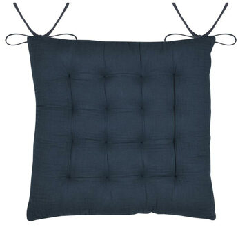 Textile stoelkussen Coline - donkerblauw - 38 x 38 x 4 cm - touwtjes sluiting