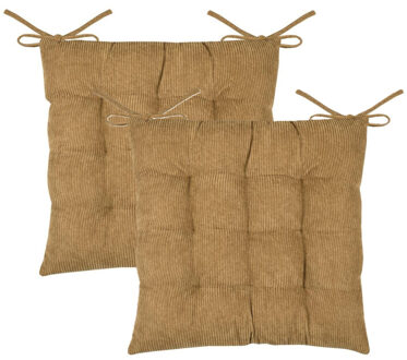 Textile stoelkussen Dandy - 2x - camel - 38 x 38 x 5 cm - touwtjes sluiting - ribcord