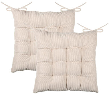 Textile stoelkussen Dandy - 2x - creme beige - 38 x 38 x 5 cm - touwtjes sluiting - ribcord