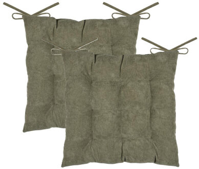 Textile stoelkussen Dandy - 2x - olijfgroen - 38 x 38 x 5 cm - touwtjes sluiting - ribcord