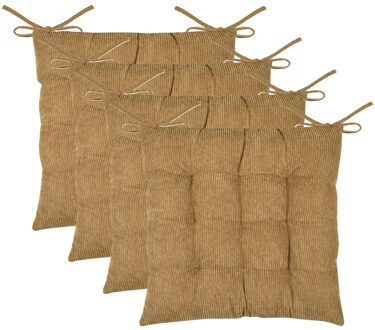 Textile stoelkussen Dandy - 4x - camel - 38 x 38 x 5 cm - touwtjes sluiting - ribcord