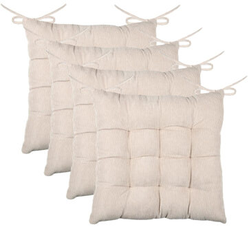 Textile stoelkussen Dandy - 4x - creme beige - 38 x 38 x 5 cm - touwtjes sluiting - ribcord