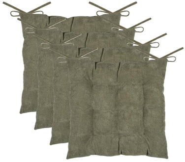 Textile stoelkussen Dandy - 4x - olijfgroen - 38 x 38 x 5 cm - touwtjes sluiting - ribcord