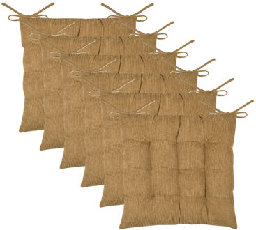 Textile stoelkussen Dandy - 6x - camel - 38 x 38 x 5 cm - touwtjes sluiting - ribcord