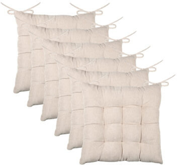 Textile stoelkussen Dandy - 6x - creme beige - 38 x 38 x 5 cm - touwtjes sluiting - ribcord