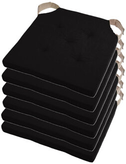 Textile stoelkussen DUO - 6x - zwart - 38 x 38 x 4 cm - klittenband sluiting