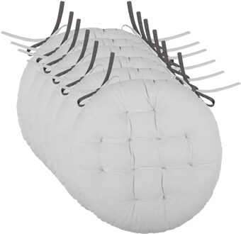 Textile stoelkussen rond - 6x - licht/donkergrijs - 2 zijden - 38 cm - touwtjes sluiting
