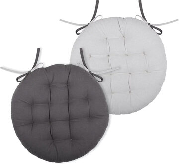 Textile stoelkussen rond - licht/donkergrijs - 2 zijden - 38 cm - touwtjes sluiting