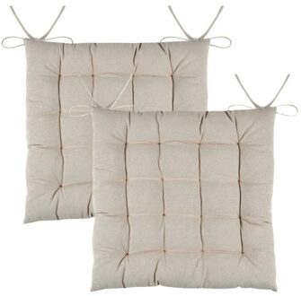 Textile stoelkussens DUO - 2x - beige - 38 x 38 x 3.5 cm - touwtjes sluiting
