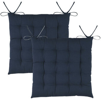 Textile stoelkussens DUO - 2x - donkerblauw - 38 x 38 x 3.5 cm - touwtjes sluiting