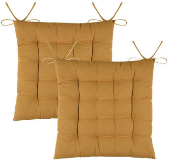 Textile stoelkussens DUO - 2x - okergeel - 38 x 38 x 3.5 cm - touwtjes sluiting
