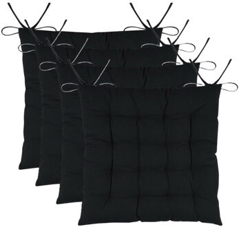Textile stoelkussens DUO - 4x - zwart - 38 x 38 x 3.5 cm - touwtjes sluiting