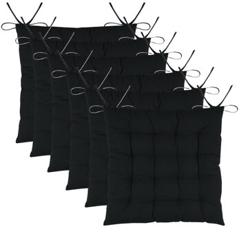 Textile stoelkussens DUO - 6x - zwart - 38 x 38 x 3.5 cm - touwtjes sluiting