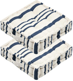 Textile Vloerkussen Beach - 2x - creme wit/blauw - katoen - 45 x 45 x 10 cm - vierkant - Extra