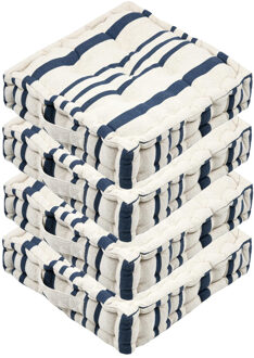 Textile Vloerkussen Beach - 4x - creme wit/blauw - katoen - 45 x 45 x 10 cm - vierkant - Extra
