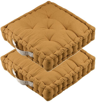 Textile Vloerkussen DUO - 2x - mosterdgeel - katoen - 45 x 45 x 10 cm - vierkant - Extra dik