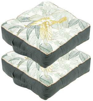 Textile Vloerkussen Leaves - 2x - groen/wit - katoen - 45 x 45 x 10 cm - vierkant - Extra dik