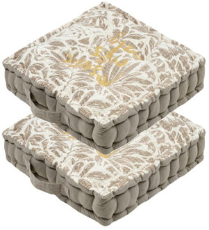 Textile Vloerkussen Leaves - 2x - taupe/wit - katoen - 45 x 45 x 10 cm - vierkant - Extra dik