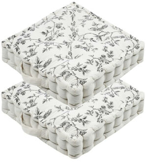 Textile Vloerkussen Leaves - 2x - wit/grijs - katoen/polyester - 45 x 45 x 10 cm - Extra dik