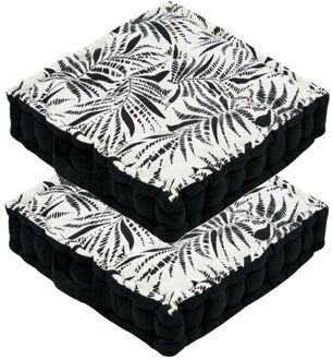 Textile Vloerkussen Leaves - 2x - zwart/wit - katoen - 45 x 45 x 10 cm - vierkant - Extra dik