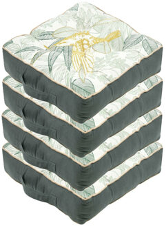 Textile Vloerkussen Leaves - 4x - groen/wit - katoen - 45 x 45 x 10 cm - vierkant - Extra dik