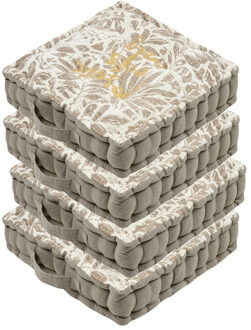 Textile Vloerkussen Leaves - 4x - taupe/wit - katoen - 45 x 45 x 10 cm - vierkant - Extra dik