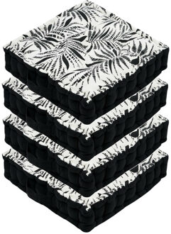 Textile Vloerkussen Leaves - 4x - zwart/wit - katoen - 45 x 45 x 10 cm - vierkant - Extra dik