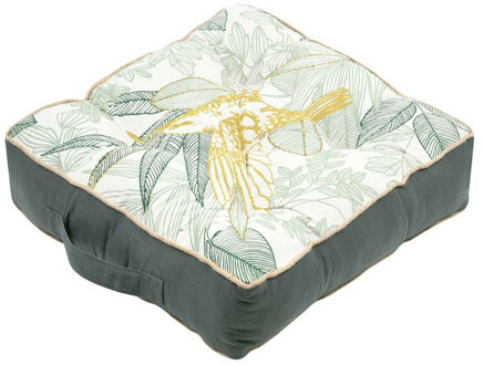 Textile Vloerkussen Leaves - groen/wit - katoen - 45 x 45 x 10 cm - vierkant - Extra dik