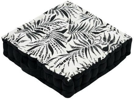 Textile Vloerkussen Leaves - zwart/wit - katoen - 45 x 45 x 10 cm - vierkant - Extra dik