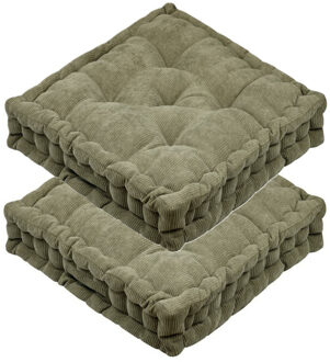 Textile Vloerkussen Ribcord - 2x - olijfgroen - polyester - 45 x 45 x 10 cm - vierkant - Extra