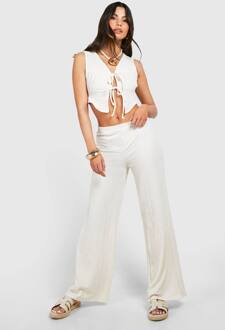 Textured Crinkle Tie Front Top & Wijde Pijp Broek, Ecru - 42