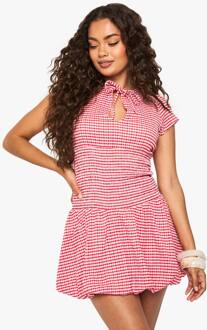 Textured Gingham Mini Jurk Met Gerafelde Taille En Sleufdetail, Red - 40