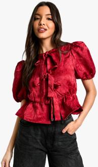 Textured Jacquard Tie Front Puff Sleeve Smock Top, Berry - 34